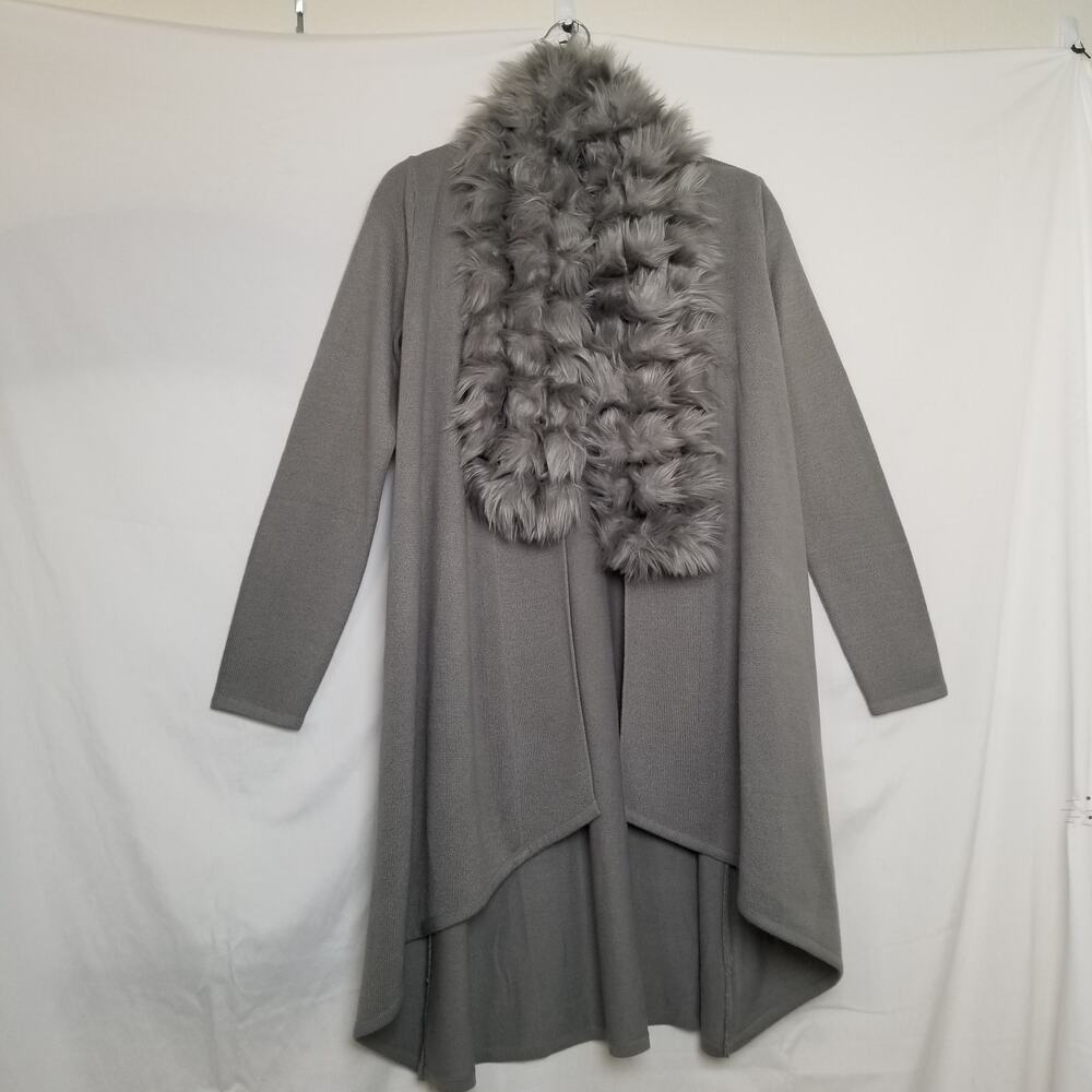 Alfani Faux Fur Trim Sweater Ribbed Open Cardigan Coatigan Gray Hi/Low Size XS